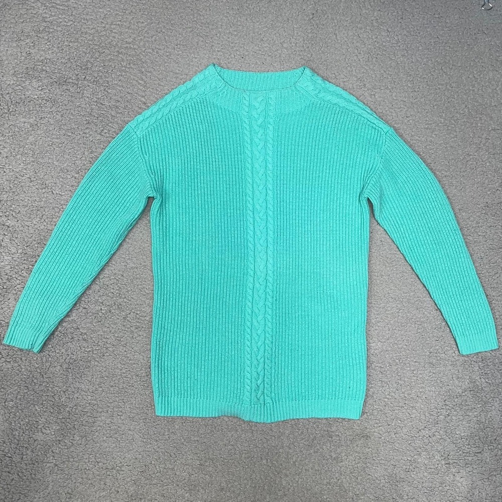 Talbots Sweater Women's XS Green Nylon Wool Blend Cable Knit Mock Neck Academia